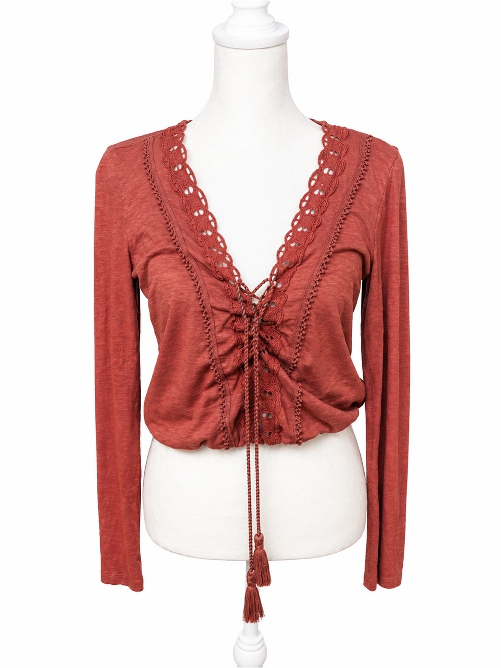 American Eagle Lace-Up V-Neck Long Sleeve Top - Rust